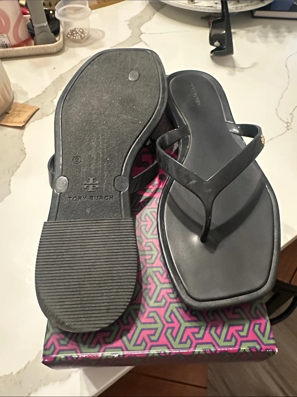 Tory Burch Black Square-Toe Jelly Thong Sandals